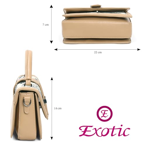 Image of EXOTIC Rosetta Structured Sling Bag for Women | Printed Panel Handbag with Top Handle & Detachable Crossbody Strap | Multi-Compartment Satchel Purse