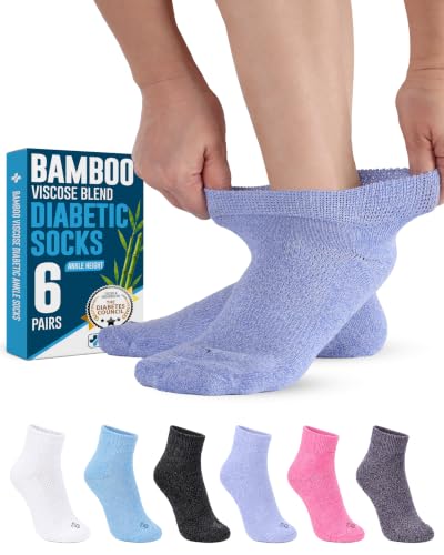 Doctor's Select Viscose Bamboo Ankle Diabetic Socks for Women and Men - 6 Pairs | Quarter Diabetic Socks for Men 9-12 | Edema Socks | Black, White, Light Blue, Blue, Purple, Pink