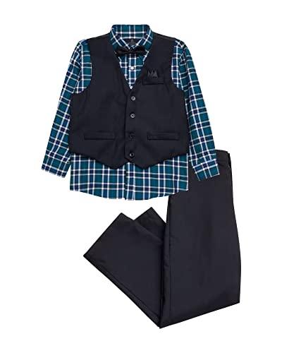 Vittorino Boys 4 Piece Holiday Suit Set With Vest Shirt Tie Pants And Hankerchief, Size 14, Black/Black Plaid Bow Tie #TOP19