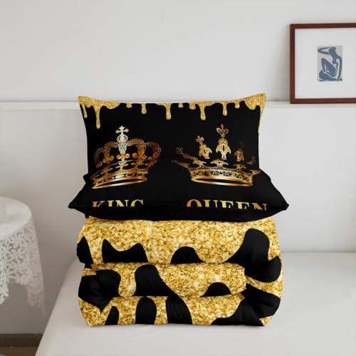 Image of Feelyou Kids Full Gold Crown King & Queen Bedding Set Mr Mrs Comforter Lover Couple Comforter Set for Couple Man Woman His and Hers Duvet Set Couple Wedding Room Decor with 2 Pillow Case