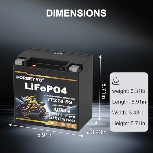 Image of Lithium Motorcycle Battery, Forgetyo YTX14-BS 12.8V 8AH 600A LiFePO4 AUX14 Auxiliary Batteries, ATV UTV Jet Ski Snowmobile Battery