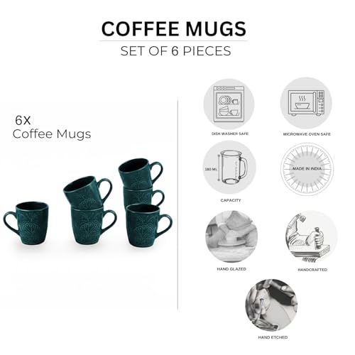 Image of ExclusiveLane 'Teal Forest' Ceramic Coffee Mugs Set of 6 (Set of 6, Each Mug : 180 ml, Microwave & Dishwasher Safe, Hand-Glazed) | Ceramic Mugs for Coffee Cup Tea Mug & Cup Mugs for Milk