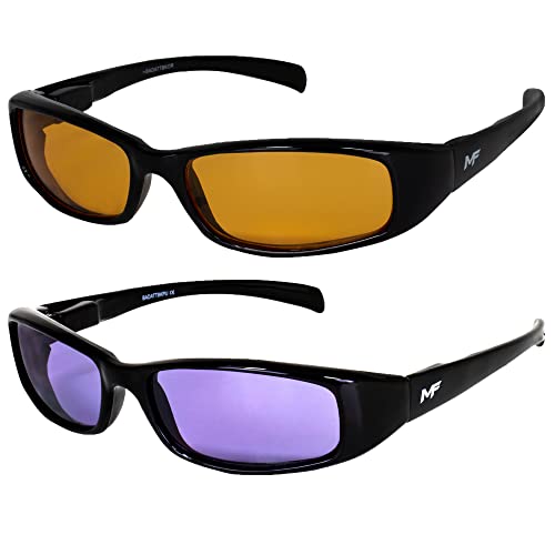 2 Pairs of Bad Attitude Cool Wraparound Motorcycle Sunglasses Black Frames with Orange & Purple Lenses