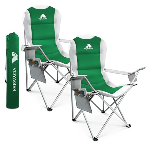 Voyager 2 Pack Outdoor Camping Chair Set,120kg Capacity, 3.3kg Per Chair, Waterproof Folding Chairs with Cup Holder & Side Pockets, Portable Chair for Garden, Fishing, Picnic Camping & Travel Comfort