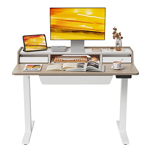 Fezibo Height Adjustable Electric Standing Desk With Three Drawers, 48 X 25 Inch Table With Storage Shelf, Sit Stand Desk With Storage Space, Splice Board With White Frame/Light Walnut Top, 48 Inch #TOP15