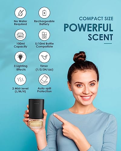 Airversa Waterless Diffuser For Essential Oil Nebulizer 𝟭𝟬𝟬𝗺𝗹 Capacity Battery Operated Aromatherapy Mini Scent Air Machine Atomizing Diffuser 1/2/3H/Continous 3 Mist Level 3 Lighting Effects #TOP1