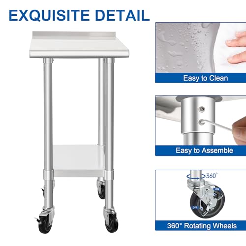 Image of HARDURA Stainless Steel Commercial Work Table with Wheels Prep & Work Metal Table 24x18 Inches Heavy Duty NSF with Casters and 2 inch Backsplash