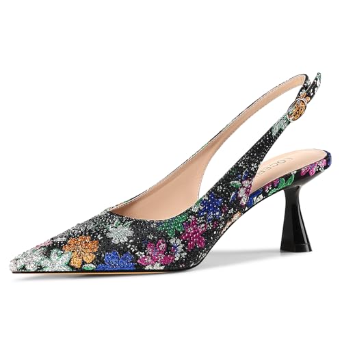 Image of LOCERICH Women's Kitten Heels Slingback Low Heel Dress Shoes Closed Toe Pumps Rhinestone Pointed Toe Sparkly Sling Back Bridal Wedding Party