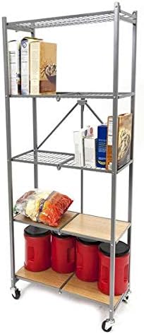 Origami 5-Shelf Pantry Rack | Open Style, Organizer Slim Rack, Large Book shelf, Tall Bookcase, Kitchen shelving, Freestanding, No assembly/no tools required, Modern Vertical Furniture | Platinum