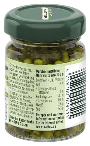 Kattus - Grüner Pfeffer in Weinbrand | Ganzer, eingelegter Pfeffer zum Würzen von Saucen | 50 g im Glas
