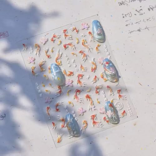 Image of 5D Embossed Goldfish Nail Art Stickers Lotus Flower Nail Decals Chinese Style Design Koi Fish Nail Stickers for Women Girls Kid DIY Manicure Supplies Charm Decorations Accessories