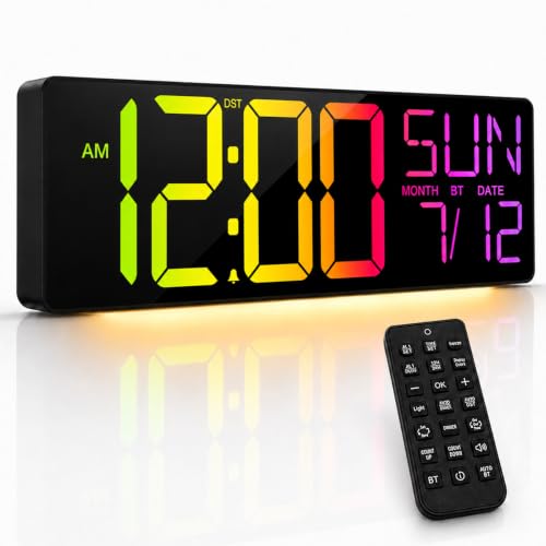 Image of JALL 18 inch Large Digital Wall Clock with Big Numbers for Classroom, 12 RGB Wall Clock with Date and Temp for Teachers Seniors, Digital Clock for Living Room, Black
