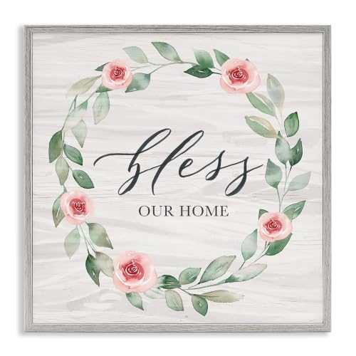 Stupell Industries Bless Our Home Family Phrase Simple Pink Rose Wreath, Design by Kristen Brockmon, Off-White, 17 x 17