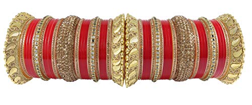 Image of NMII Traditional Gold Plated Acrylic Bangles Bridal Chuda Set For Women & Girls with Zircon Diamond & Pearls Beads Work | Royal Wedding Chudas | Premium Look | Bangles For Wedding, Festive, Function