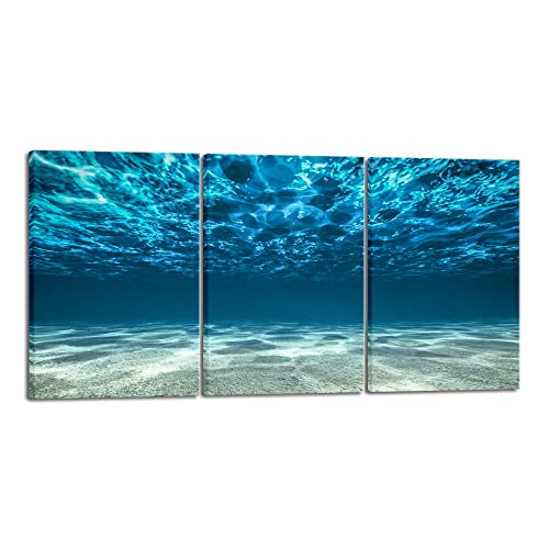 Wieco Art 3 Piece Blue Ocean Bottom Canvas Wall Art