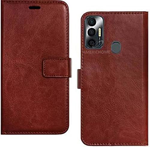 Image of Inside Rubber TPU with Card Pockets Magnetic Closure Protection Compatible with Tecno Spark 7T, Tecno Spark 7 (Brown)