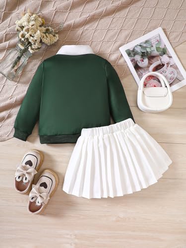 Image of Floerns Toddler Girls 2 Piece Outfit Colorblock Letter Graphic Collared Sweatshirt and Pleated Skirt Set Green and White 6Y