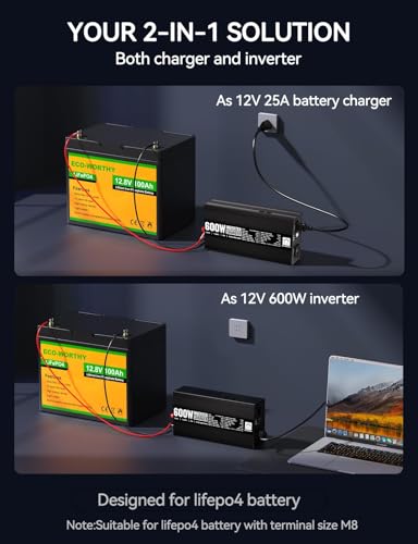 ECO-WORTHY 600W Pure Sine Wave Inverter Charger, Power Inverter with 25A LiFePO4 Battery Charger, 12V to 110V for UPS Backup Power Deep-Cycle Batteries RV Boat Home - Image 3