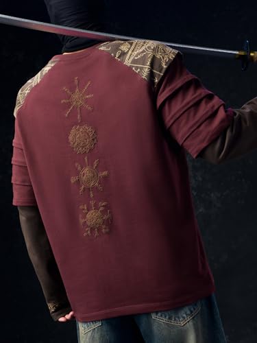 Image of The Souled Store Vikings: Longship Men and Boys Short Sleeve Rpund Neck Brown Embroidered Cotton Oversized Lightweight Breathable Drop Shoulder Streetwear T-Shirts