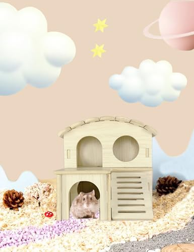 Sirvarni Hamster Hideout Cage Accessories - Hamster House And Habitat Wooden Hide Hut With Climbing Ladder And Platform For Dwarf Gerbils And Mouse Mice Rat Other Small Animals Etc. thumb #4