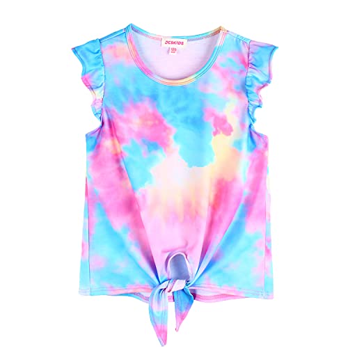 Image of JESKIDS Girls Short Sleeve Shirts Ruffle Tie Front Unicorn /Tie Dye Print Summer Tee Tank Tops 3-11 Years