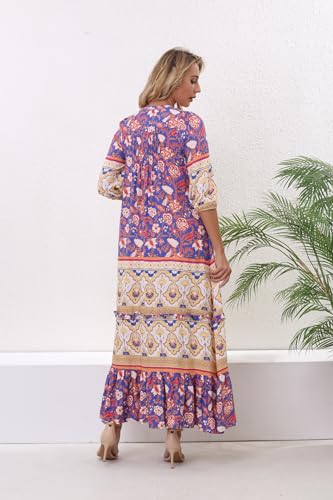 Image of Women Boho High-Waist Floral Print Maxi Dress 3 /4 Sleeve Casual | Soft Rayon, Breathable, Quick-Dry. High-Waist with Adjustable Belt, Flattering Hem. Ideal for Beach, Work & Dating.