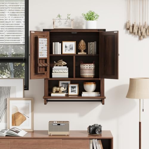 Image of QUW Farmhouse Bathroom Wall Cabinet, Modern Medicine Cabinets with Towel Bar & Jewelry Holder, Over The Toilet Storage Cabinet with Barn Door for Laundry, Living Room, Hallway, Dark Walnut