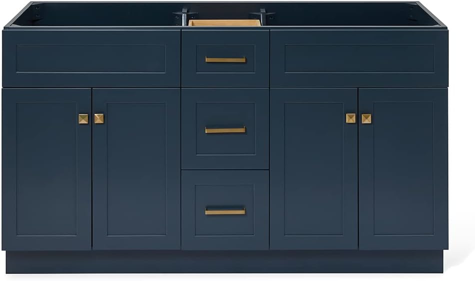 ARIEL Hamlet 60-inch Bathroom Vanity Base Cabinet,Solid Wood, 4 Soft Closing Doors, 3 Dovetail Drawers, Satin Brass, Midnight Blue
