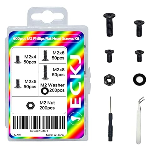 ECKJ 600pcs M2 Laptop Notebook Computer Replacement Screws, Phillips Flat Head Countersunk Machine Screw Bolts Nuts Washers Assortment Kit, M2 x 4mm/ 5mm/ 6mm/ 8mm for PC, SSD Repair, NVMe Drive Black Cover