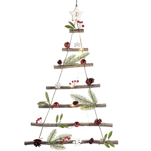Gruppo Maruccia - Árbol de Navidad iluminado de pared - Árbol de Navidad decorado para colgar - Guirnalda navideña artesanal en forma de árbol estilizado de madera - Altura 74 cm
