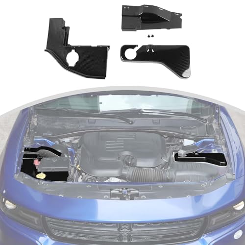 Image of CheroCar 3PCS Hood Engine Bay Cover Trim Kit for 2015-2026 Dodge Challenger,Interior Engine Bay Dress Up Kit,Coolant Windshield Washer Fluid Cover & Wire Dust Cover(Carbon Fiber Grain)