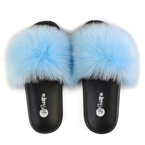 Image of Women's Faux Fur Slides, Open Toe Cute Fur Slippers, Indoor or Outdoor Comfortable Furry Slide Sandals With Fluffy Fur