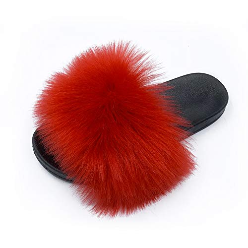Image of Women's Faux Fur Slides Slippers Fluffy Fuzzy Sandals Open Toe Furry Slide Flip Flop Indoor Outdoor