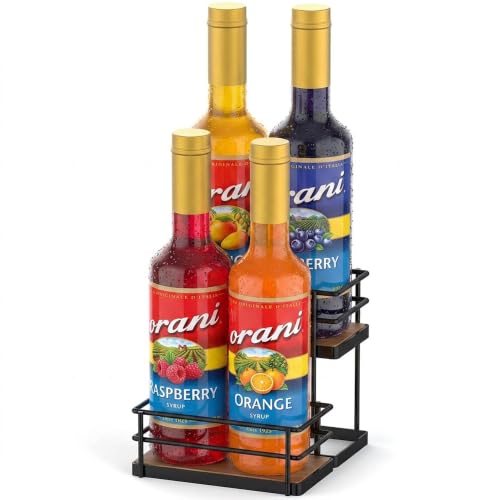 THYGIFTREE Coffee Syrup Rack Organizer - 4 Bottle Syrup Holder Stand with 2-Tier Storage Shelves for Coffee Bar & Kitchen