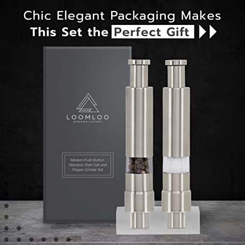 Modern Stainless Steel Push Button Salt And Pepper Grinder Set With Acrylic Stand By Loomloo Modern Luxury; Salt Shaker & Grinder For Spice- Black Pepper And Sea Salt #TOP4