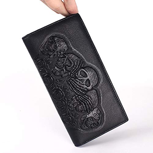 Mens Slim Genuine Leather Bifold Long Wallet Embossed Skull Checkbook Wallet for Women3