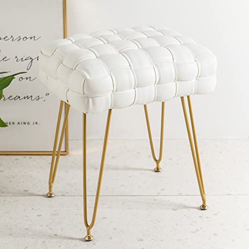 Faux Leather Vanity Stool, Upholstered Make Up Bench, Rectangle Ottoman Foot Stool, Vanity Chair Tufted Footrest Stool Makeup Stool With Gold Metal Legs For Living Room, Bedroom, Dressing Room, White #TOP17