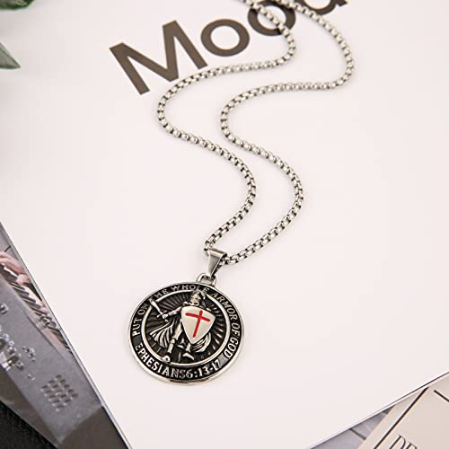 HZMAN Knights Templar Put On The Whole Armor of God Ephesians 6:13-17 Red Cross Design Stainless Steel Necklace for Men4