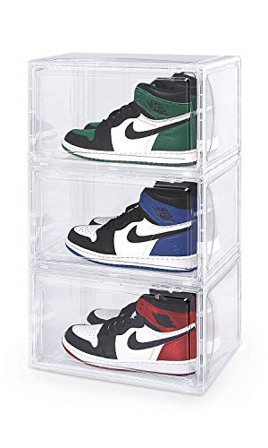 Storage-Stackable shoe box Organizer-Containers shoe box with magnetic suction plastic transparent shoe box side shoe display box Stackable Shoe with Clear Door for Sneakers,3-pack