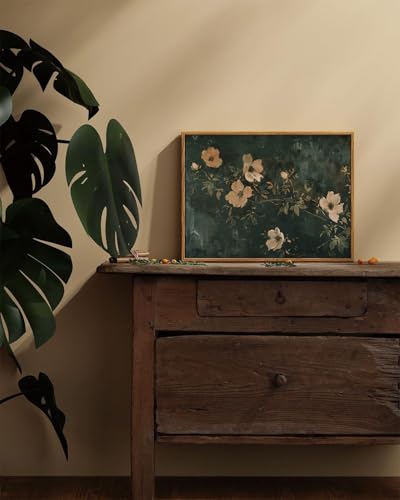 Image of KISSFOX Vintage Dark Green Flowers Framed Wall Art Moody Botanical Floral Canvas Art Summer Rustic Country Paintings Art Prints Modern Farmhouse Pictures Wall Decor For Kitchen Bedroom Girls Room