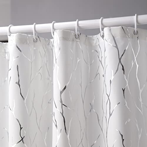 Taisier Home Branch Shower Curtain Set - Metallic Silver Tree Branch Printed On Off White Fabric Grommet Shower Curtain 72 Inch Length For Bathroom 12 Hooks Included, 72 X 72 Inch, Silver Off White #TOP25
