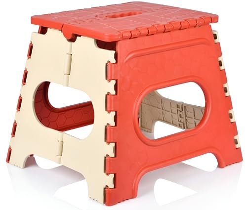 Image of U-MAX 12 Inch Portable Folding Step Stool, Compact, Lightweight & Durable for Kitchen, Bathroom, Outdoor Use (Red-Ivory)