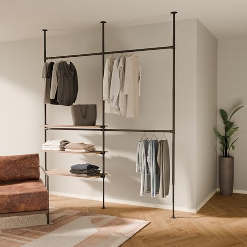 pamo Industrial Pipe Clothing Rack with Shelf - 400 lbs Capacity - Clamping Clothes Rack and Walk In Closet with Oak Shelf for Wardrobe