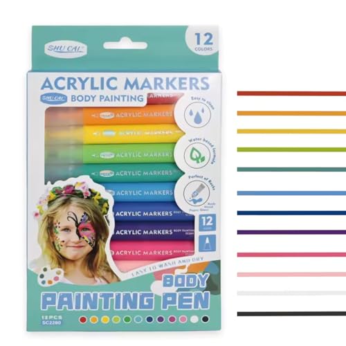 Image of Body Painting Acrylic Markers Set for Rock, Glass, Paper & Wood | Non-Toxic, Water-Based Bright Temporary Tattoo Art Pen | Colorful Skin Face Paint Kit for Teen Girls and Boys (Pack of 12)