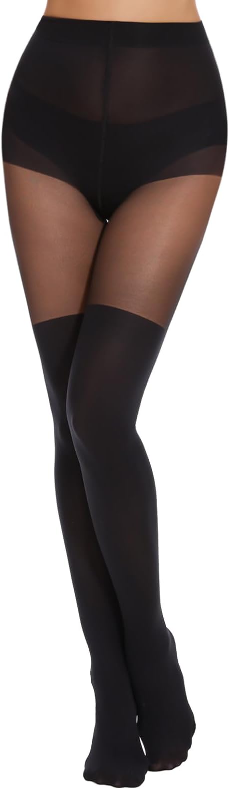 MANZI Women's Faux Thigh High Tights Mock Over the Knee Socks Black Opaque Goth Tights Stitching Sheer Pantyhose