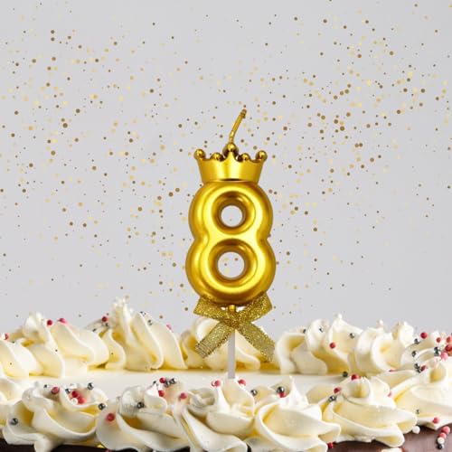 Image of KITTER 1 Pc 8th Birthday Cake Decoration 8 Number Candle for Birthday Cake Metallic Golden Number Eight Crown Candle, Cake Topper 0-9 Number Candles for Anniversary Party (Pack of 1, Gold Colour)