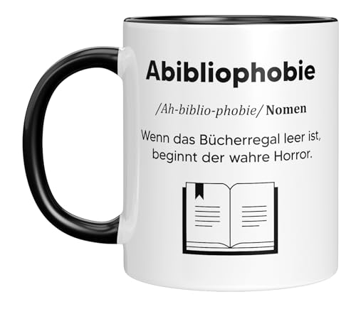 LIEBTASTISCH - Lustige Tasse für Leseratten – Abibliophobie – Geschenkidee für Frauen, Bücherwürmer & Literaturfans - Schwarz