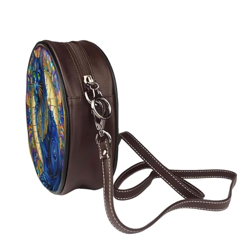 Stained Glass Cat With Blue Fur Green Eyes Women Round Crossbody Bags Leather Sling Bag Purse3