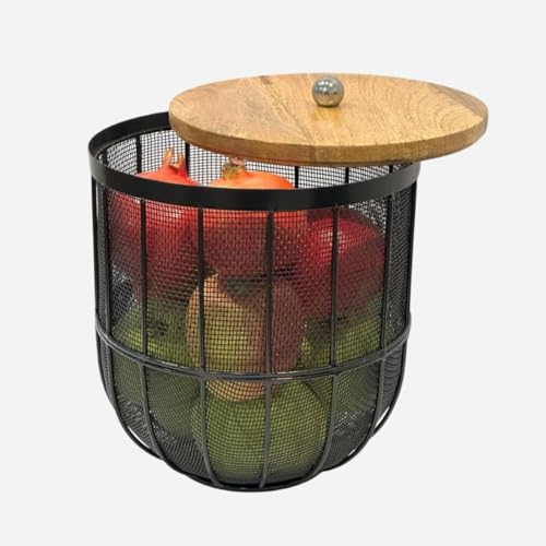 Image of Modern Metal Fruit Basket /Bowl with Lid - Perfect for Fruits, Vegetables, and Home Decor, Durable Design, 22x20cm (Silver (PACK OF 1)) (black, large)