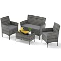 Tangkula 4 Piece Patio Rattan Conversation Set, Outdoor Wicker Furniture Set with Chair, Loveseat & Tempered Glass Table, Cozy Seat Cushions, Outside Sectional Sofa Set for Backyard, Porch